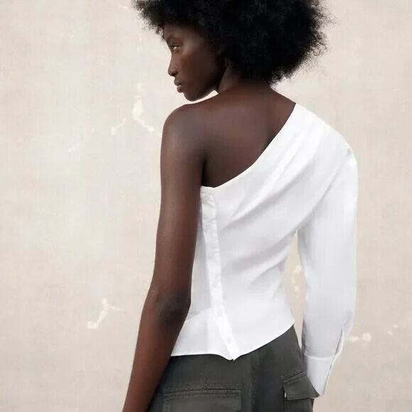 NEW! ZARA ASYMMETRIC POPLIN WHITE TOP ONE SHOULDER size Medium - Picture 2 of 6